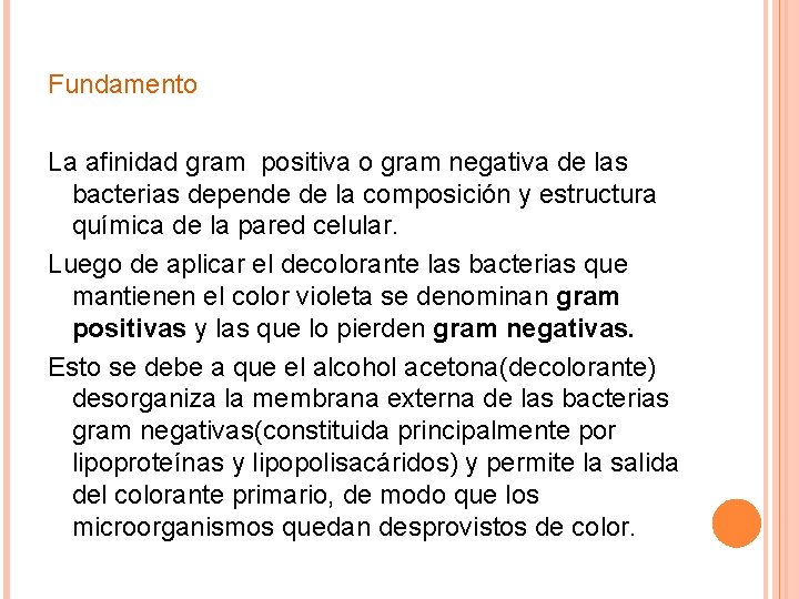 Fundamento La afinidad gram positiva o gram negativa de las bacterias depende de la