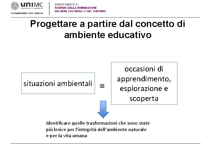 Progettare a partire dal concetto di ambiente educativo occasioni di apprendimento, situazioni ambientali =