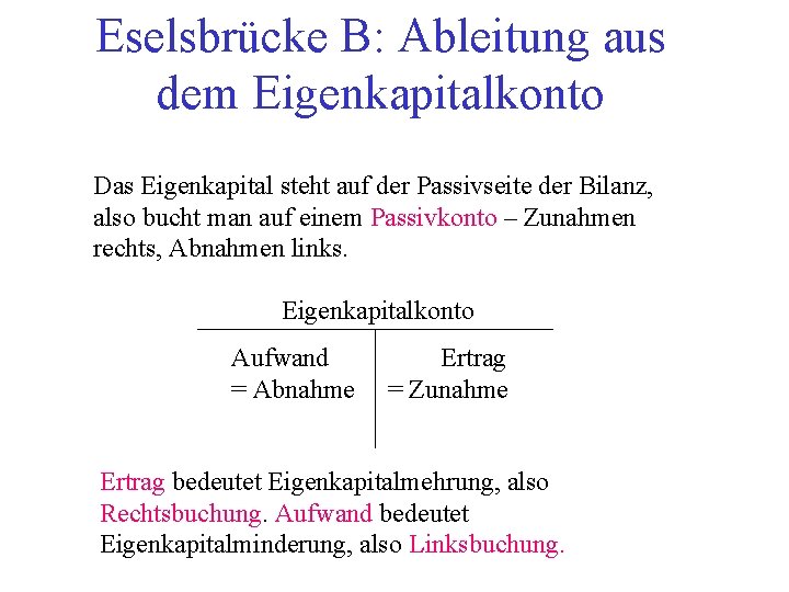 Eselsbrücke B: Ableitung aus dem Eigenkapitalkonto Das Eigenkapital steht auf der Passivseite der Bilanz,