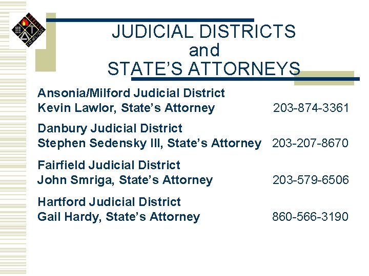 JUDICIAL DISTRICTS and STATE’S ATTORNEYS Ansonia/Milford Judicial District Kevin Lawlor, State’s Attorney 203 -874