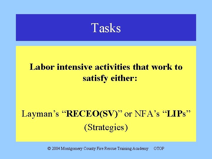 Tasks Labor intensive activities that work to satisfy either: Layman’s “RECEO(SV)” or NFA’s “LIPs”