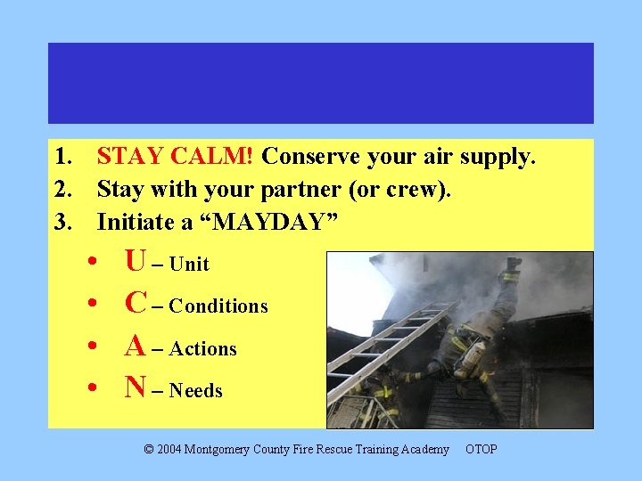 1. STAY CALM! Conserve your air supply. 2. Stay with your partner (or crew).