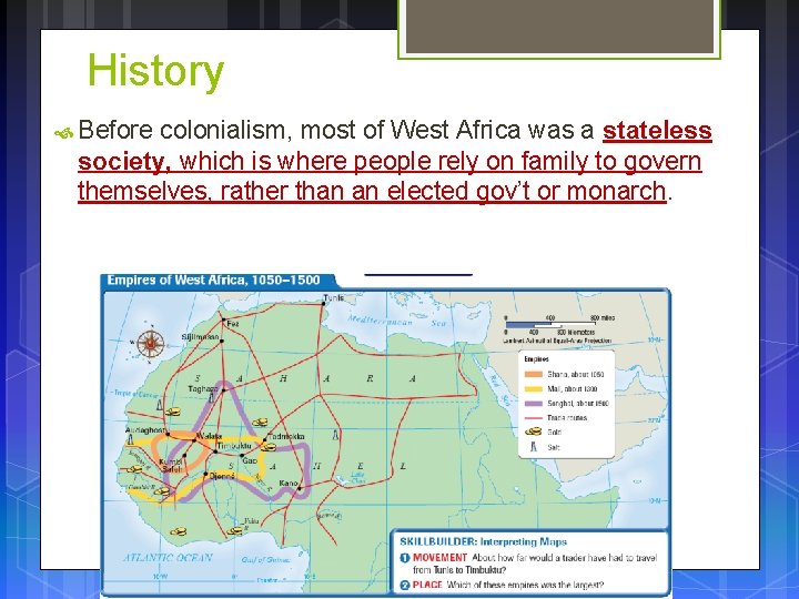 History Before colonialism, most of West Africa was a stateless society, which is where