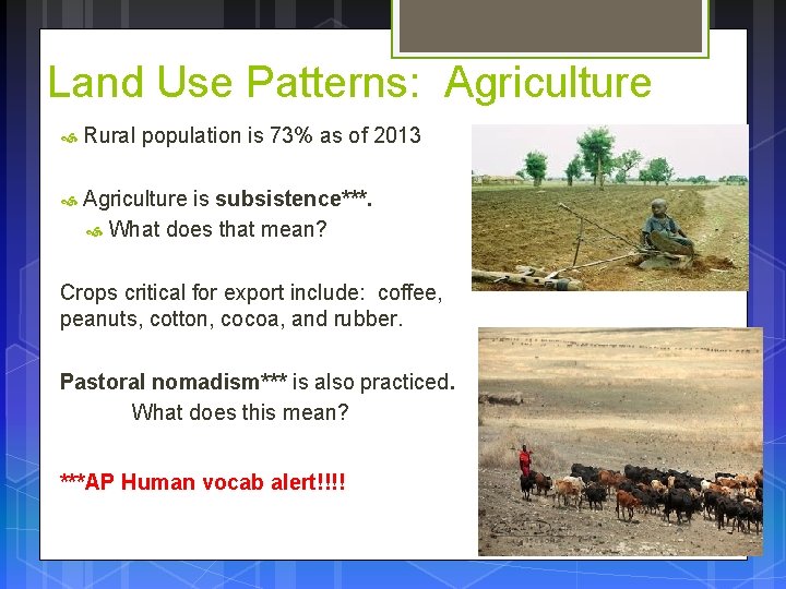 Land Use Patterns: Agriculture Rural population is 73% as of 2013 Agriculture is subsistence***.