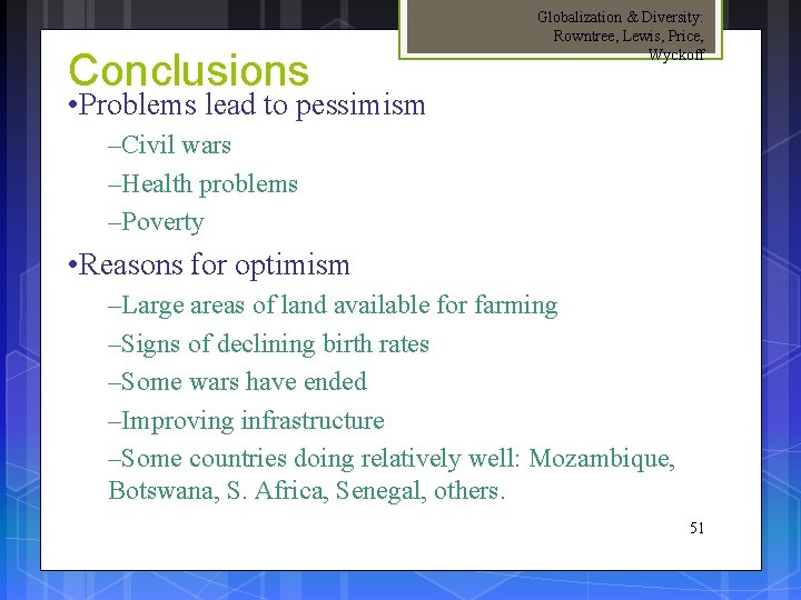 Conclusions Globalization & Diversity: Rowntree, Lewis, Price, Wyckoff • Problems lead to pessimism –Civil