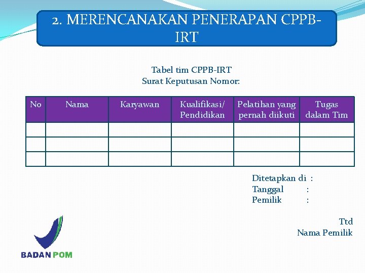 2. MERENCANAKAN PENERAPAN CPPBIRT Tabel tim CPPB-IRT Surat Keputusan Nomor: No Nama Karyawan Kualifikasi/