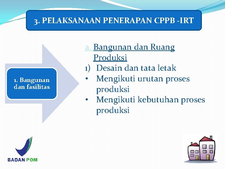 3. PELAKSANAAN PENERAPAN CPPB -IRT 1. Bangunan dan fasilitas a. Bangunan dan Ruang Produksi