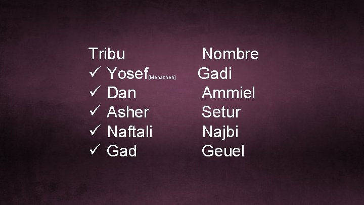 Tribu ü Yosef ü Dan ü Asher ü Naftali ü Gad [Menasheh] Nombre Gadi