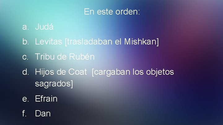 En este orden: a. Judá b. Levitas [trasladaban el Mishkan] c. Tribu de Rubén