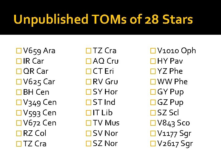 Unpublished TOMs of 28 Stars � V 659 Ara � IR Car � QR