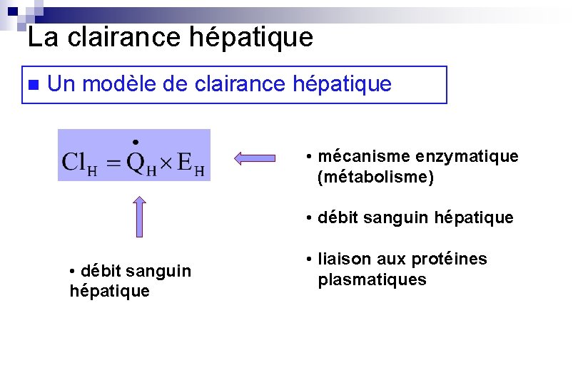 La clairance hépatique n Un modèle de clairance hépatique • mécanisme enzymatique (métabolisme) •