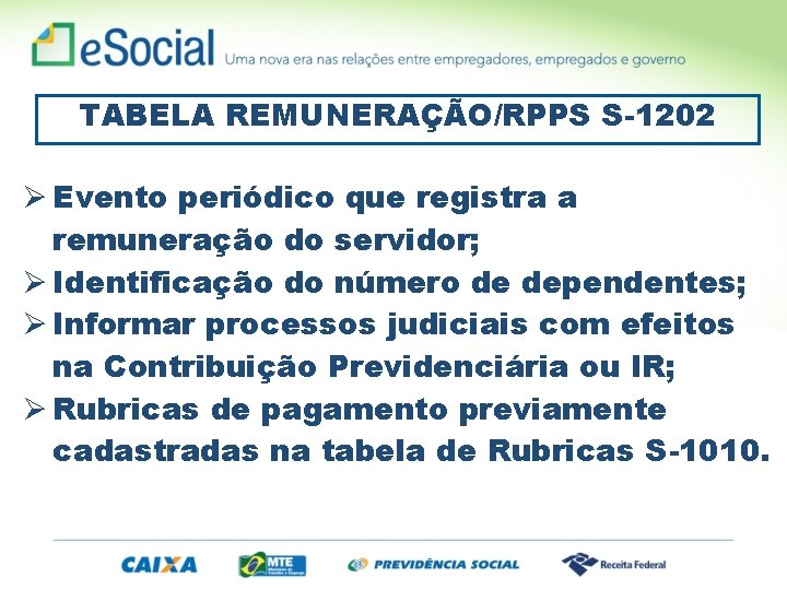 TABELA REMUNERAÇÃO/RPPS S-1202 Ø Evento periódico que registra a remuneração do servidor; Ø Identificação