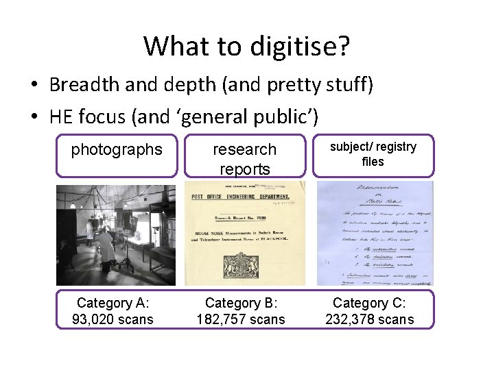 What to digitise? • Breadth and depth (and pretty stuff) • HE focus (and