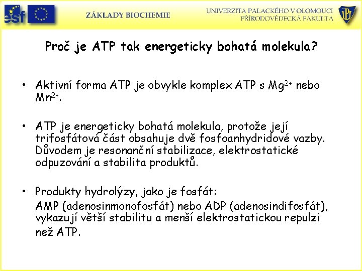 Proč je ATP tak energeticky bohatá molekula? • Aktivní forma ATP je obvykle komplex