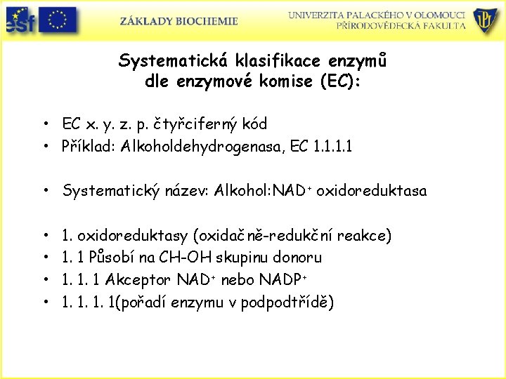Systematická klasifikace enzymů dle enzymové komise (EC): • EC x. y. z. p. čtyřciferný