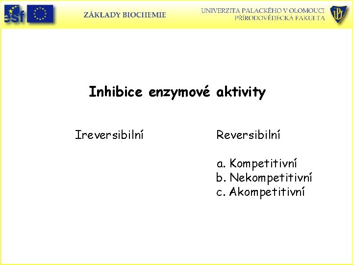 Inhibice enzymové aktivity Ireversibilní Reversibilní a. Kompetitivní b. Nekompetitivní c. Akompetitivní 