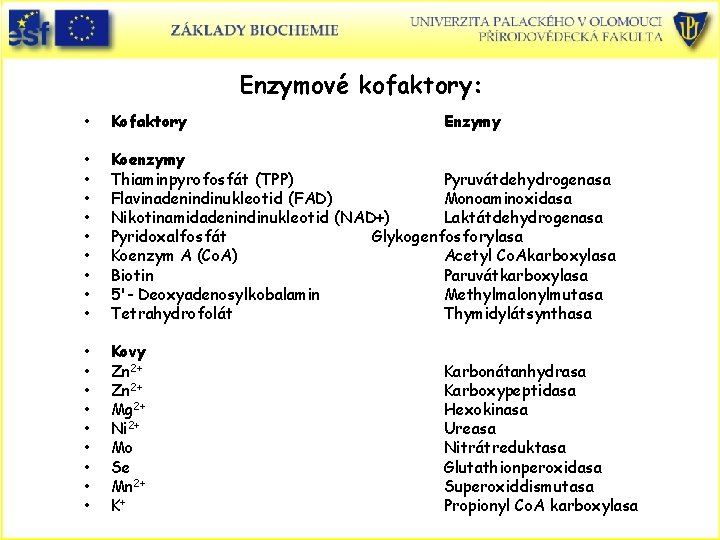 Enzymové kofaktory: • Kofaktory • • • Koenzymy Thiaminpyrofosfát (TPP) Pyruvátdehydrogenasa Flavinadenindinukleotid (FAD) Monoaminoxidasa