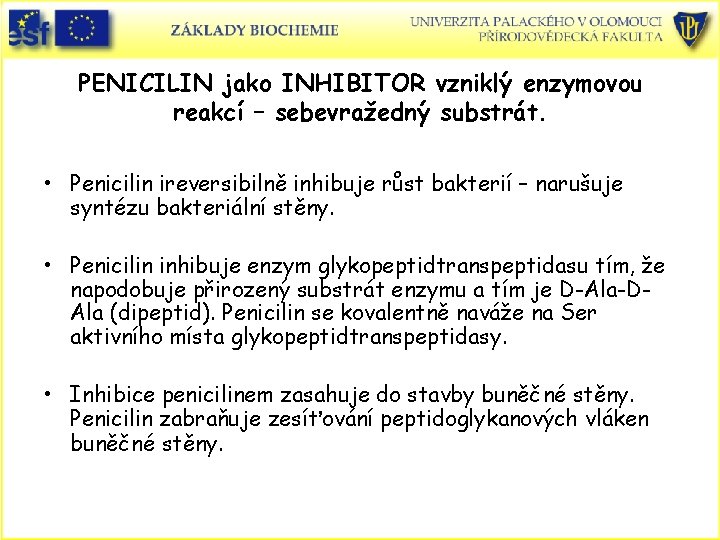 PENICILIN jako INHIBITOR vzniklý enzymovou reakcí – sebevražedný substrát. • Penicilin ireversibilně inhibuje růst