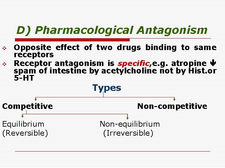 D) Pharmacological Antagonism v v Opposite effect of two drugs binding to same receptors
