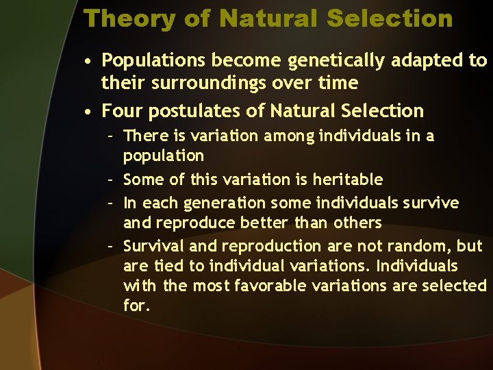 Theory of Natural Selection • Populations become genetically adapted to their surroundings over time