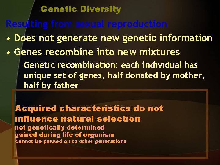 Genetic Diversity Resulting from sexual reproduction • Does not generate new genetic information •