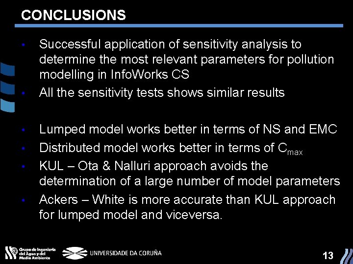 CONCLUSIONS • • • Successful application of sensitivity analysis to determine the most relevant