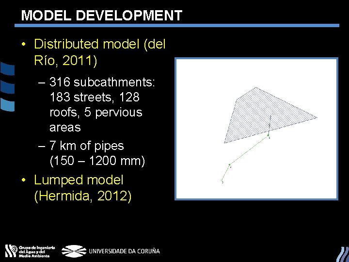 MODEL DEVELOPMENT • Distributed model (del Río, 2011) – 316 subcathments: 183 streets, 128