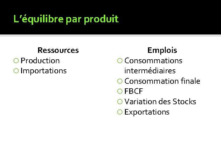 L’équilibre par produit Ressources Production Importations Emplois Consommations intermédiaires Consommation finale FBCF Variation des