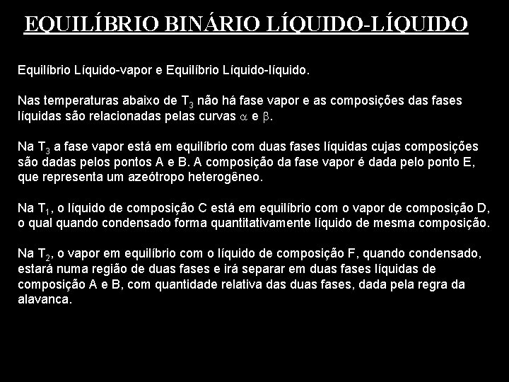 EQUILÍBRIO BINÁRIO LÍQUIDO-LÍQUIDO Equilíbrio Líquido-vapor e Equilíbrio Líquido-líquido. Nas temperaturas abaixo de T 3