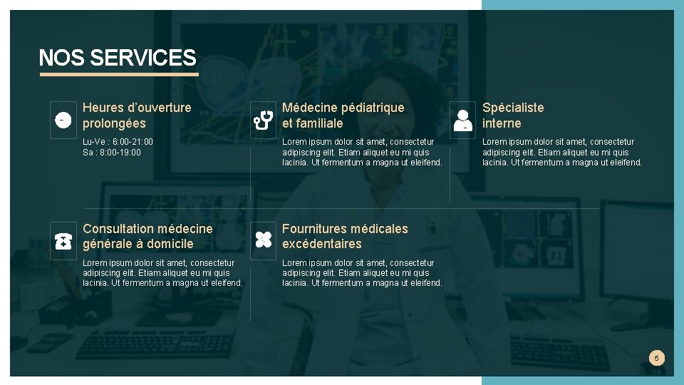 NOS SERVICES Heures d’ouverture prolongées Médecine pédiatrique et familiale Spécialiste interne Lu-Ve : 6: