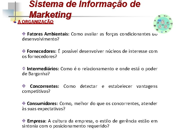 Sistema de Informação de Marketing A ORGANIZAÇÃO Fatores Ambientais: Como avaliar as forças condicionantes