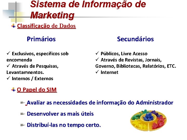 Sistema de Informação de Marketing Classificação de Dados Primários ü Exclusivos, específicos sob encomenda