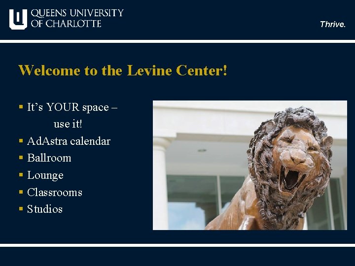 Thrive. Welcome to the Levine Center! § It’s YOUR space – use it! §