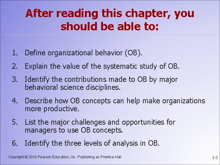 After reading this chapter, you should be able to: 1. Define organizational behavior (OB).