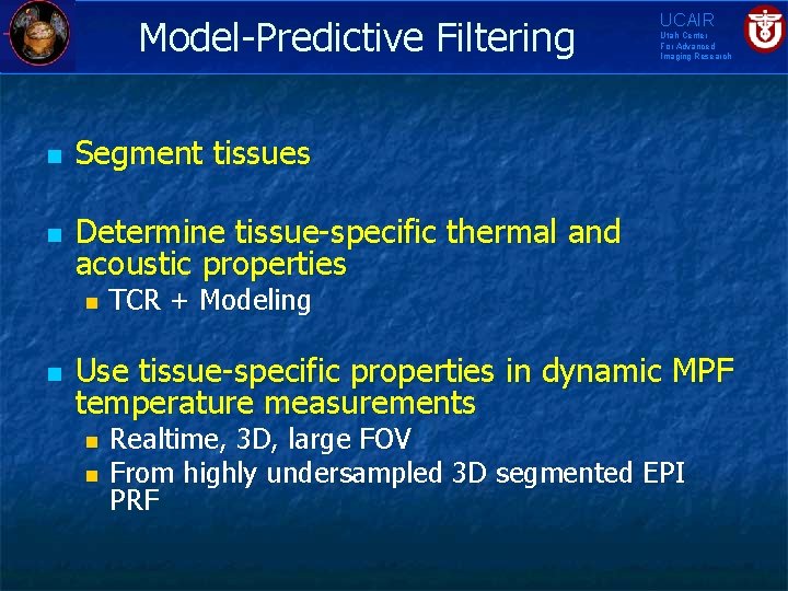 Model-Predictive Filtering n Segment tissues n Determine tissue-specific thermal and acoustic properties n n