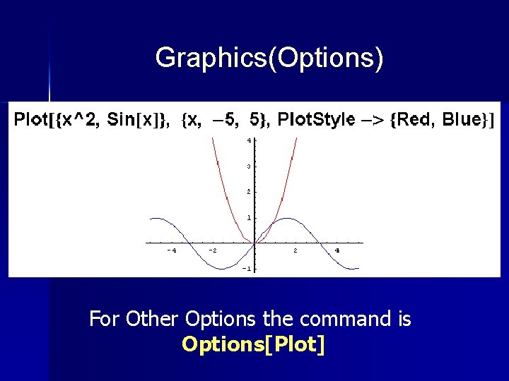 Graphics(Options) For Other Options the command is Options[Plot] 