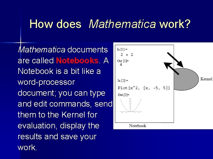 How does Mathematica work? Mathematica documents are called Notebooks. A Notebook is a bit How does Mathematica work? Mathematica documents are called Notebooks. A Notebook is a bit