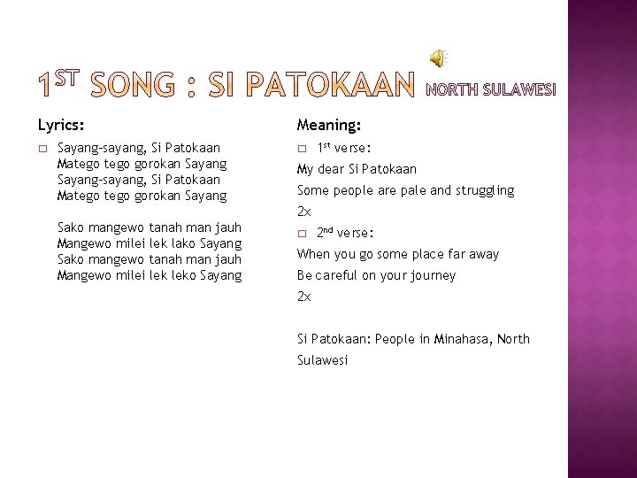 Lyrics: � Sayang-sayang, Si Patokaan Matego gorokan Sayang Meaning: � 1 st verse: My