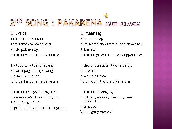 � Lyrics � Meaning Ika teri tura tea bau Adat taman io loa sayang