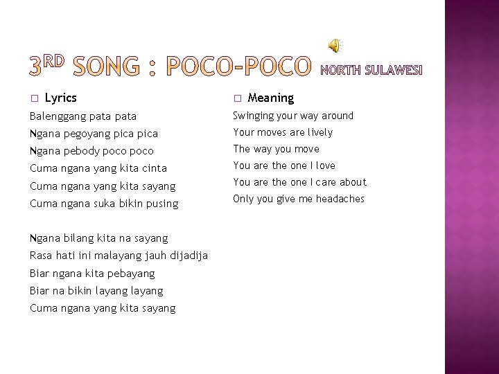 � Lyrics � Meaning Balenggang pata Swinging your way around Ngana pegoyang pica Your