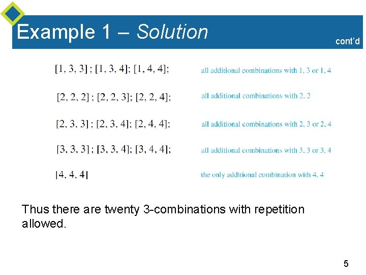 Example 1 – Solution cont’d Thus there are twenty 3 -combinations with repetition allowed.