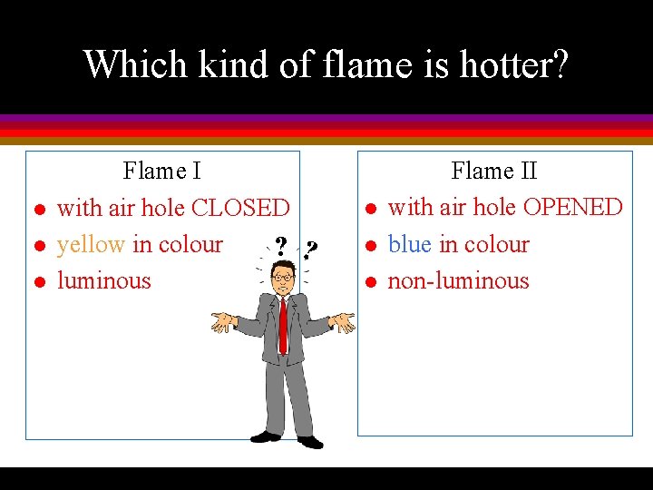 Which kind of flame is hotter? l l l Flame I with air hole