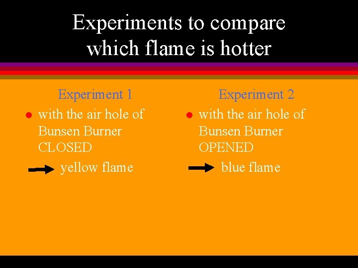 Experiments to compare which flame is hotter l Experiment 1 with the air hole