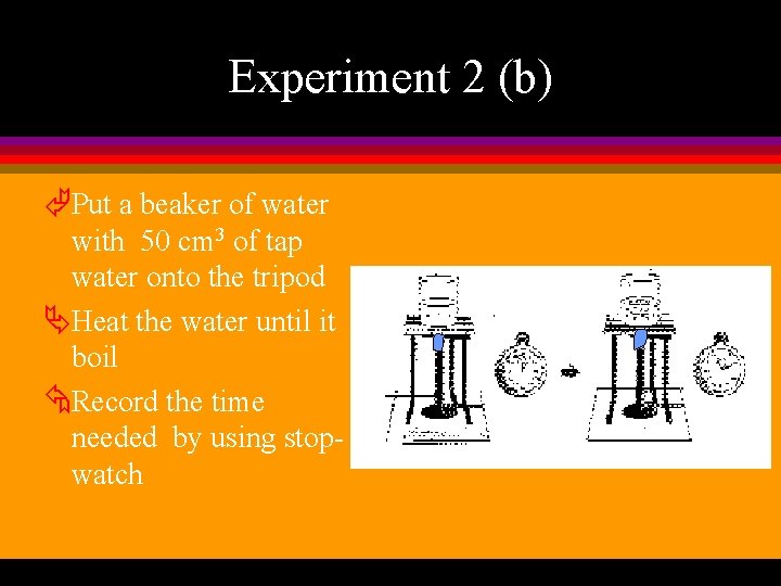 Experiment 2 (b) ÃPut a beaker of water with 50 cm 3 of tap