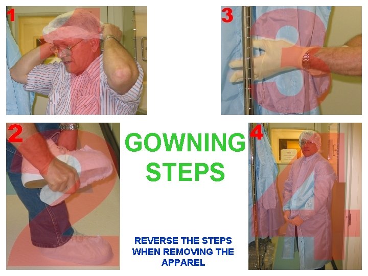 GOWNING STEPS REVERSE THE STEPS WHEN REMOVING THE APPAREL 
