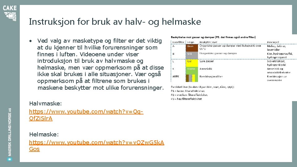 Instruksjon for bruk av halv- og helmaske • Ved valg av masketype og filter