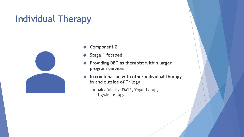Individual Therapy Component 2 Stage 1 focused Providing DBT as therapist within larger program
