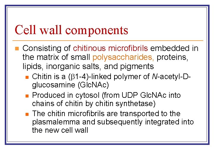 Cell wall components n Consisting of chitinous microfibrils embedded in the matrix of small