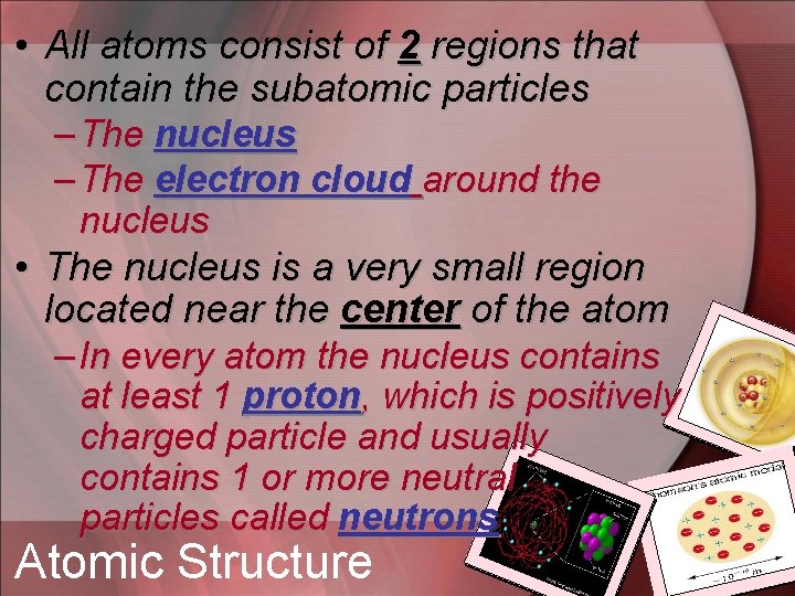  • All atoms consist of 2 regions that contain the subatomic particles –