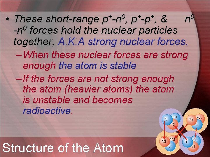  • These short-range p+-n 0, p+-p+, & n 0 -n 0 forces hold